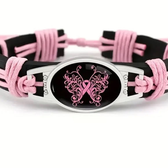 Jewelry - New Faux leather breast cancer butterfly bracelet with adjustable strap